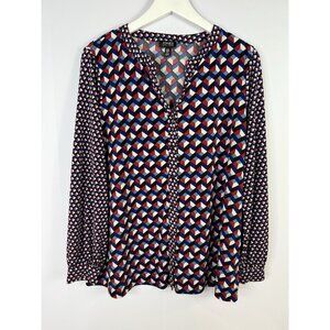 Jones New York Women's Sz 1x Button Down Shirt Liquid Knit Slinky Geometric